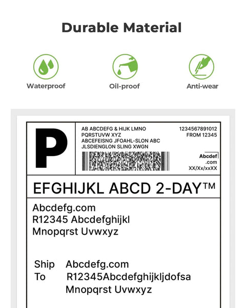 Close-up of shipping label for Nelko PL70E printer showing durable material features: waterproof, oil-proof, anti-wear icons.