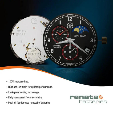 Top Shelf Silver Oxide Watch Battery 394 SR936SW 1.55 Volt Swiss Made showing watch movement and face design.