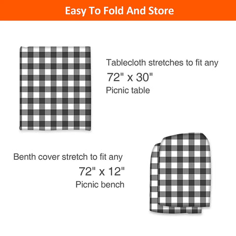 Six Foot Picnic Table And Bench Cover Set Waterproof Windproof Elastic Tablecloth Fits 72 By 30 Inches Tables And 12 By 72 Inches Benches Three Pack With Table Cover And Bench Covers Black White Checkered Outdoor Camping Gear shown folded.