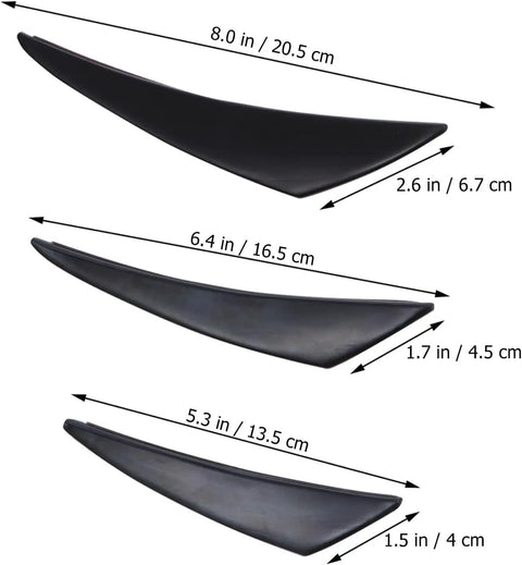 Upgrade Your Ride With 6 Pcs Rubber Front Bumper Canards For BMW X3 2018-2025 Durable Anti Scratch Winglet Trim Kit Designed For Style And Protection, 3 black rubber canards with size labels