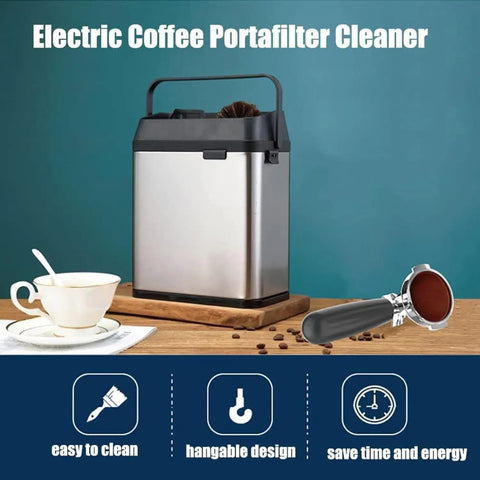Electric Knock Box Coffee Portafilter Cleaner Machine That Knocks Grounds Fast With Two Heavy Duty Scrapers And An Extra Brush Head delivering a sleek stainless steel design.