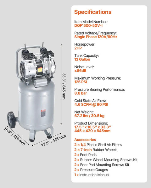13 Gallon Air Compressor With 2 HP Motor And Oil Free Tank, Ultra Quiet 66dB Operation, Specifications and Dimensions Displayed