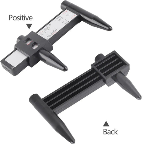 Universal Wheel Bolt Pattern Measuring Tool PCD Gauge For 4 5 6 8 Lug Rims viewed from front and back showcasing its slide scale.