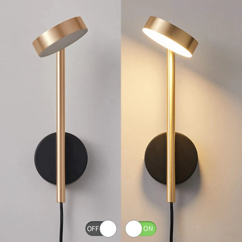 Two In One Plug In Or Hardwired Industrial Gold Brass Wall Sconces with Adjustable Metal Arm Dual Pack for Bedrooms Hallways Entryway Kitchen and Living Areas, shown on and off