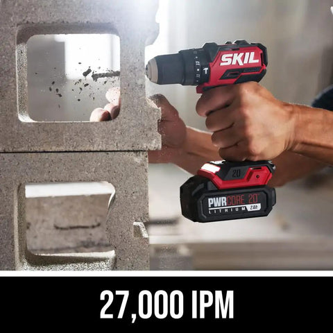 Power Core 20 Brushless 20V Compact Three In One Hammer Drill Kit drilling concrete block