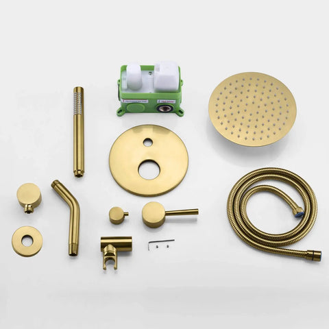 Top Notch Brushed Gold Shower Faucet System With A Sleek Eight Inch Rainfall Head components including handles, hoses, and showerheads.