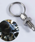 Four Pack Top Shelf Stainless Steel Spring Loaded Indexing Plungers With Quick Release Pull Knobs, close-up view of a plunger with keyring.