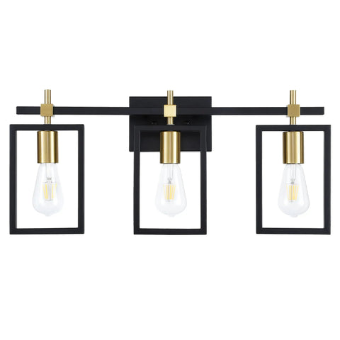 Industrial 3 Light Vanity Fixture In Black And Brass Gold With Rectangular Backplate Rustic Modern Farmhouse Bath Lighting