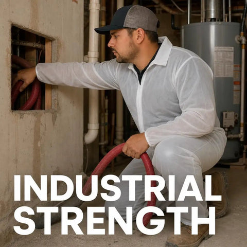 Kick Up Dust Without Breaking A Sweat With These Super Lightweight Disposable Coveralls And Breathable Paint Suit Solid Crawlspace Gear That Stays Cool Handles Messes Like A Champ All Day Long. Man wearing lightweight disposable coveralls while using a hose in a crawlspace.