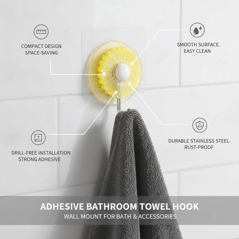 Rock Solid Adhesive Wall Hooks 1 Pack Killer Hold Zero Damage No Drill Installation For Bath Towels Robes Kitchen Utensils Ceramic Tile Glass Mirrors Painted Drywall Cabinets Hang Items With Ease, showing a yellow adhesive towel hook on a smooth surface.