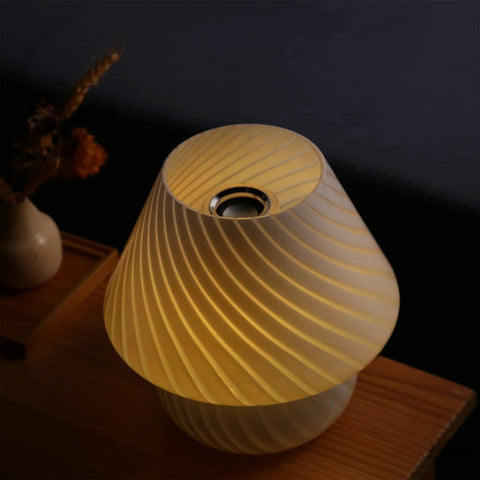 Swirl Mushroom Lamp With Vintage Striped Murano Glass, Soft Warm White LED Night Light, viewed from above on wooden desk.
