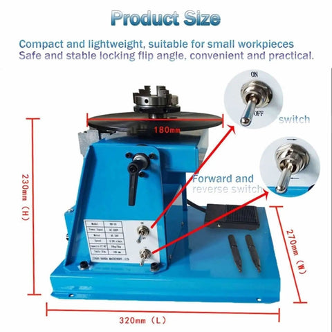 Built Tough Rotating Welding Positioner With Foot Switch, 320mm by 270mm base, compact design for precise metal fabrication.