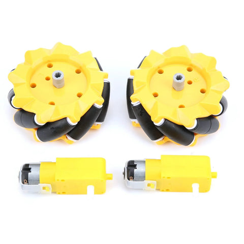 DIY Mecanum Wheel Robot Car kit with yellow 80mm rubber-coated wheels and TT motors for smooth and versatile robotic movement.
