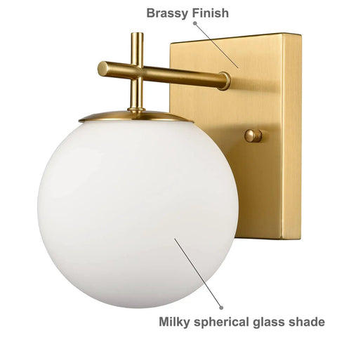 Gold Globe Wall Sconces Set of Two, Dope Brass Modern Vanity Light with Milky White Glass Shade, Wall Mounted, Brushed Brass