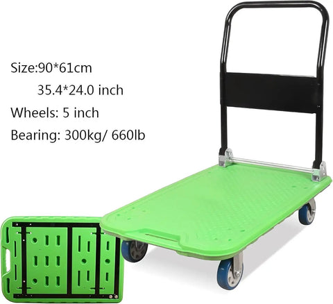 Heavy Duty Folding Flatbed Hand Truck With Four Swivel Casters And Reinforced Steel Bracing Delivers Six Hundred Sixty Pound Load Capacity for carrying heavy items.
