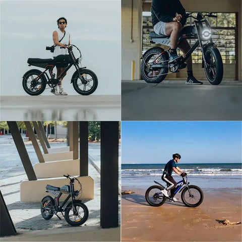 Rider on Dope 20 Inch Fat Tire E Bike with front fork suspension, showing air suspension feature in outdoor settings.
