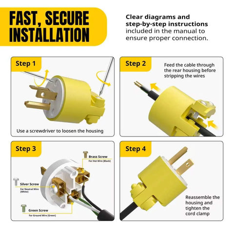Step-by-step installation guide for Yellow Replacement Plug And Socket Set For NEMA 6-20P And NEMA 6-20R, 250V 20A, ABS housing.