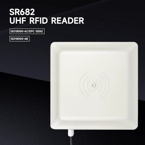 SR682 UHF RFID Reader with ISO18000-6C Gen2, ISO18000-6B standards, white square design, network output connection visible