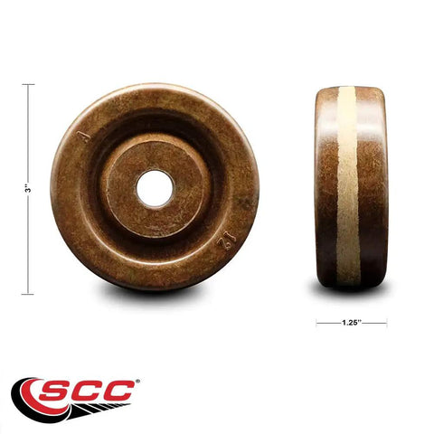 Built To Last High Temperature Phenolic Caster Wheel 3 Inch By 1.25 Inch Wide With Half Inch Bore, front and side view.