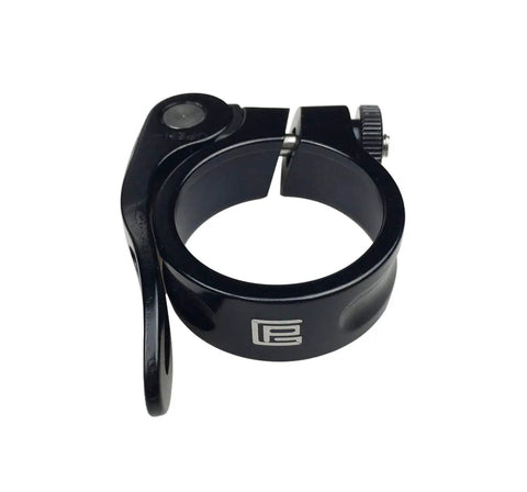 Lightweight Aluminum Alloy Bike Seat Post Clamp With Quick Release Collar for 28.6mm to 34.9mm posts, black, side view.