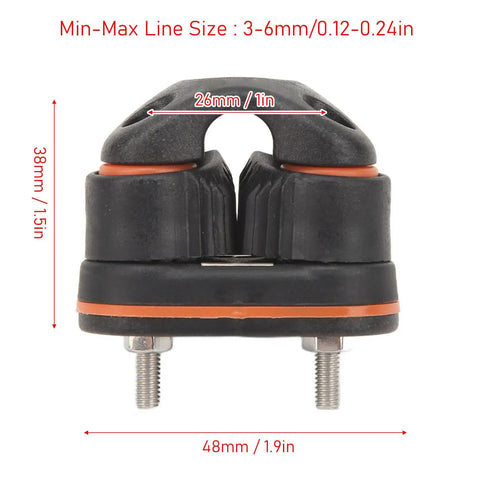 Heavy Duty Rope Cam Cleat With Kickass Quick Release Grip Designed For Kayaking And Marine Rigging showing measurements and line size specifications.