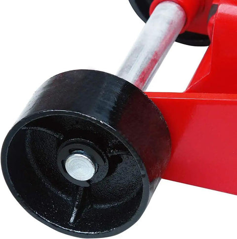 Close-up of swiveling poly caster from the Heavy Duty Hydraulic Floor Jack With 7000 Lb Capacity, showing durable wheel design.
