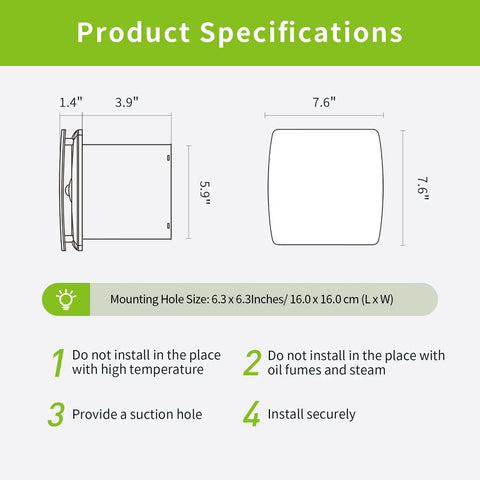 Diagram specifications of Quiet 110 CFM Bathroom Exhaust Fan With Wall Or Ceiling Mount 1 Point 0 Sone 110 Volt 18W Energy Efficient Vent