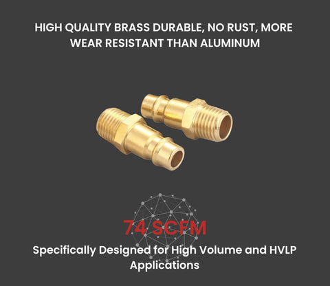 Two brass 1/4 in NPT male quick-connect air fittings, high-flow V-style