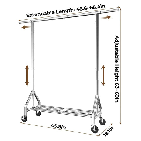 Built Like A Tank Heavy Duty Steel Rolling Clothes Rack Holds 450 Lbs with adjustable height and extendable length.