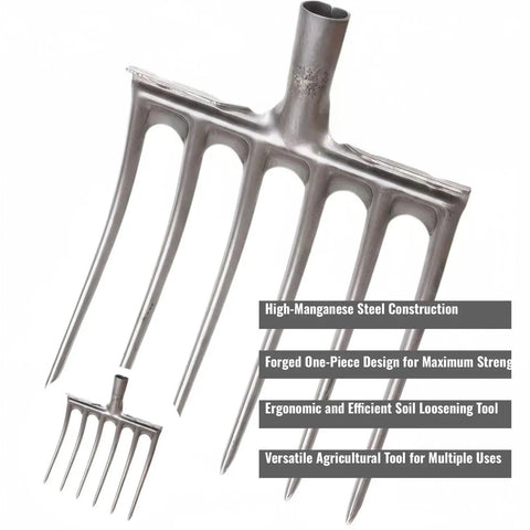 Heavy Duty Steel Digging Fork For Gardening And Farming Soil Loosening Tool With One Piece Forged Design For Maximum Strength Durable High Manganese Steel Construction For Tough Soil And Back Yard Tasks. Close up of fork.