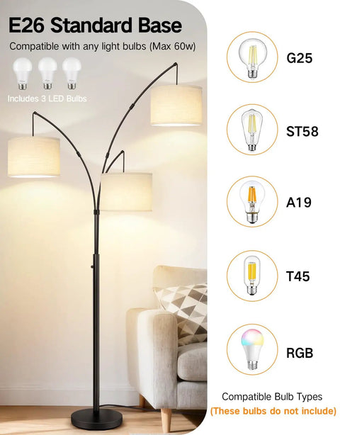 Arc LED Floor Lamp With Three Light Heads, 81 Inch Tall Black Modern Standing Lamp, includes 3 LED bulbs, in living room corner