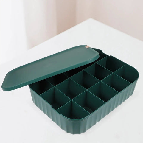 Heavy Duty Underwear Storage Box With Secure Lid Rock Solid Sock And Sleepwear Drawer Organizer in dark green, featuring 12 compartments.