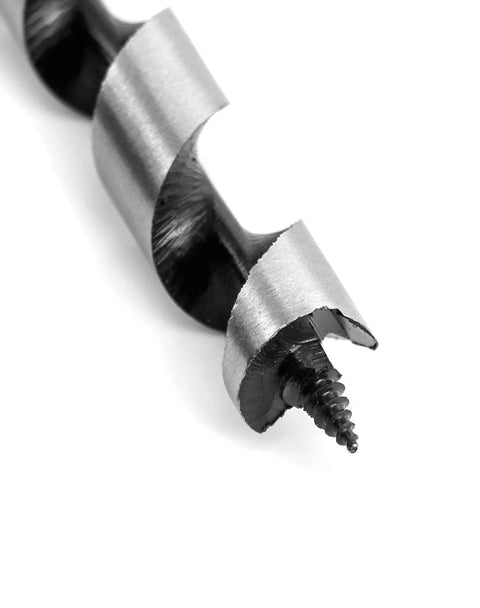 Close-up of steel wood auger drill bit with screw tip and helical flute (1/2 in diameter).