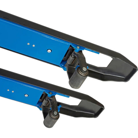 Heavy Duty Low Profile Pallet Jack Scale Truck Built Tough For Serious Payload Jobs Featuring Integrated Digital Weight Meter And No Sweat Ergonomic Pump Lever Systems wheel and fork detail.
