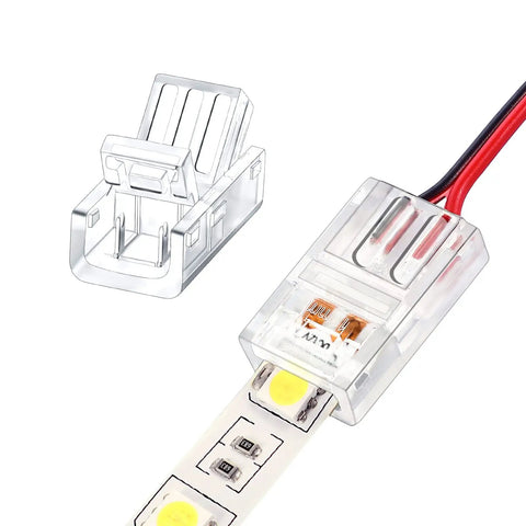 Close-up of 40 Pack 2 Pin 8mm RGB LED Strip Connectors Waterproof Solderless Adapter with attached LED strip and wires