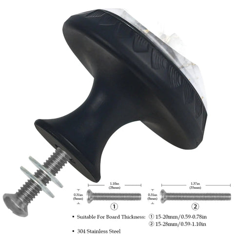 Four Pack 1.37 Inch Round Cabinet Knobs With A Slick Marble Texture Black Finish Kitchen Cupboard Handles Smooth Dresser Drawer Pulls Includes Heavy Duty Screws for installation.