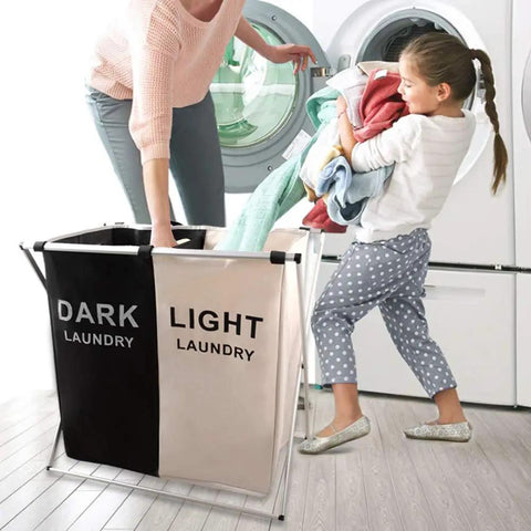 Two Section Laundry Basket Hamper Foldable Waterproof Cloth Organizer With Aluminum X Frame And Carrying Handles For Bathroom And Home