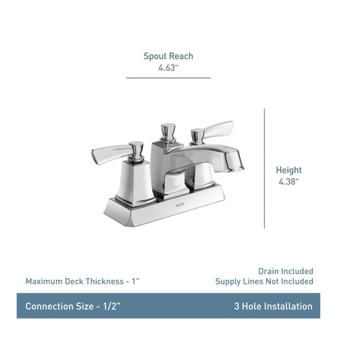 Spot Resistant Brushed Nickel Dual Handle Centerset Bathroom Faucet With Drain Assembly WaterSense Certified Four Inch Centerset ADA Compliant Easy Install And Durable Finish For A Clean Look In Any Bath, with dimensions labeled