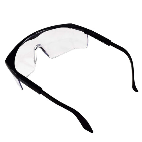 Clear UV Protective Safety Glasses With Side Shields for yard work and gardening, overhead view of scratch-resistant polycarbonate lenses.