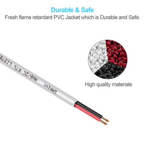 50 Foot 18 Gauge Two Conductor Electrical Wire With Red And Black Leads CL2 Fire Resistant White Jacket DIY Ready For In Wall LED