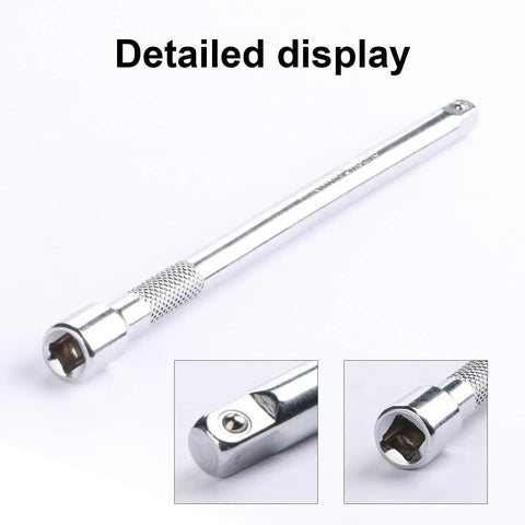Five Piece Quarter Inch Drive Extension Bar Set With Four Extensions 2 Inch 3 Inch 4 Inch 6 Inch Plus Universal Joint Socket Crafted From Chrome Vanadium Steel For Heavy Duty Durable Rust Resistant Performance; detailed view of one extension bar.