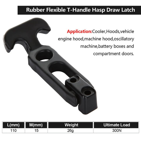 Side view of black rubber T-handle hasp draw latch; 110 mm long, 15 mm wide for boxes, coolers, vehicle hoods.