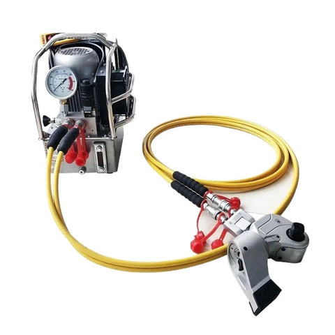 Heavy Duty Hydraulic Torque Wrench With Square Drive And Precision Torque Control Built Rock Solid For Serious Shop Grinds Featuring 360 Degree Swivel Inlet And Top Shelf Durability with attached hydraulic power unit.