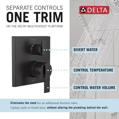 Angular Modern Shower Trim Kit Knockout Matte Black Integrated Diverter controls for water diversion and temperature adjustment.