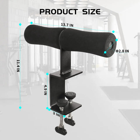 Heavy Duty Hamstring Curl Squat Rack Attachment size dimensions with padded comfort and steel clamps for home gym use