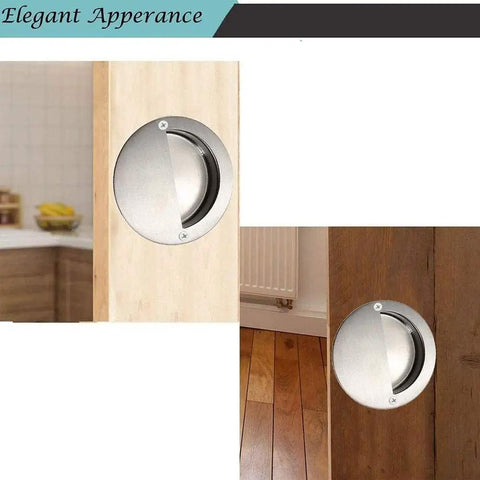 Built Tough 2 Pack Round Recessed Concealed Flush Pull Handles For Sliding Doors And Cabinets Grade 304 Stainless Steel inset on wood.