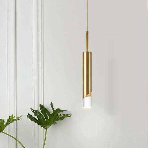 Single gold pendant light fixture with built in 5W LED, 2.36 inch diameter, modern design for kitchen, 47 inch adjustable cord.