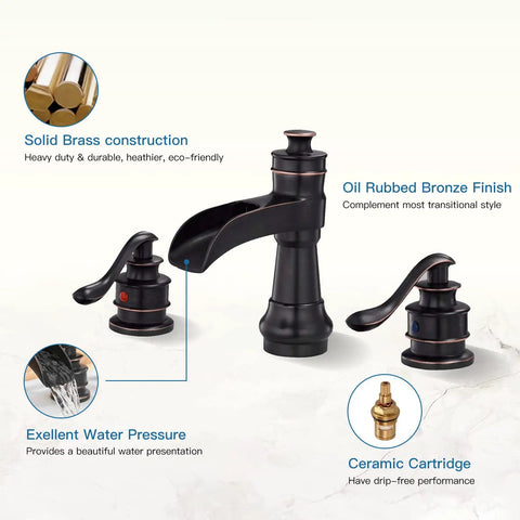Waterfall Widespread Bathroom Faucet With Oil Rubbed Bronze Farmhouse Finish 8 Inch Spread Twin Handle 3 Hole Design Pop Up Drain Stopper Including Overflow And Supply Lines Vanity Lavatory Sink Parts For Easy Install showing solid brass construction and ceramic cartridge with highlighted features.
