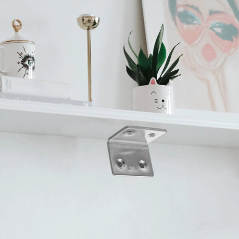 Ten Pack 304 Stainless Steel Shelf Brackets 90 Degree L Shaped Support installed under white shelf for stability