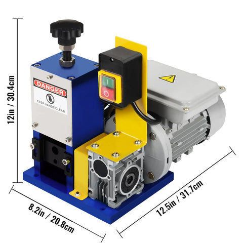 Heavy Duty Electric Wire Stripping Machine Automatic Cable Cutter 0.05 To 0.98 Inch Range Plug And Play Portable Drill Tool Includes Extra Blade For Scrap Copper Recycling Dark Blue, side view with dimensions.